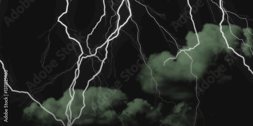 Fork lightning striking down during summer storm. Lightning, thunder cloud dark cloudy sky.
