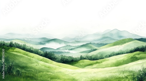 Soft watercolor rolling green hills under a pastel sky, white background