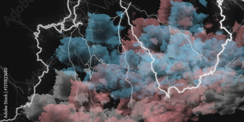 Fork lightning striking down during summer storm. Lightning, thunder cloud dark cloudy sky.