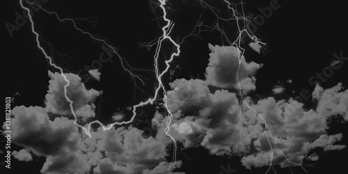 Fork lightning striking down during summer storm. Lightning, thunder cloud dark cloudy sky.