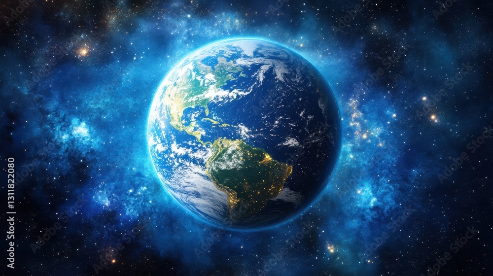Stunning View of Earth Surrounded by Cosmic Nebula and Stars, Capturing the Beauty of Our Planet Against a Deep Space Background Stunning View of Earth Surrounded by Cosmic Nebula and Stars, Capturing the Beauty of Our Planet Against a Deep Space Background