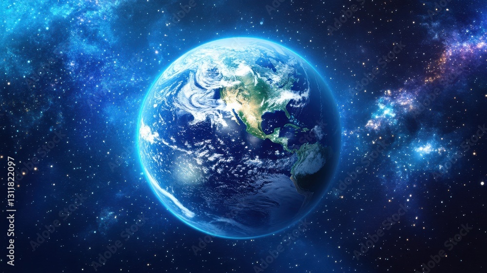 Obraz premium Stunning View of Earth from Space with Rich Blue Ocean and Shimmering Atmosphere Set Against a Background of Stars and Galaxies