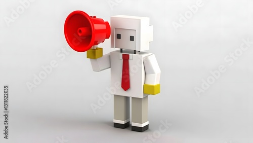 3D White Character with Red Megaphone and Corporate Attire - Announcement