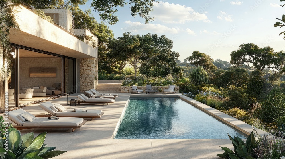 Fototapeta premium Modern pool area at a Mediterranean villa with sun loungers, surrounded by lush greenery and elegant outdoor decor, bathed in golden sunlight