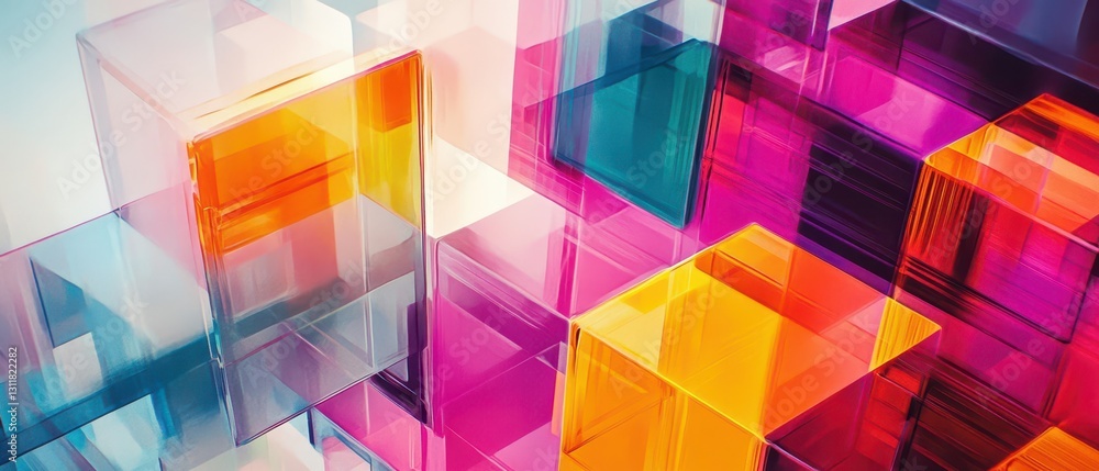 Colorful layered geometric mesh with overlapping transparent panels, futuristic and elegant