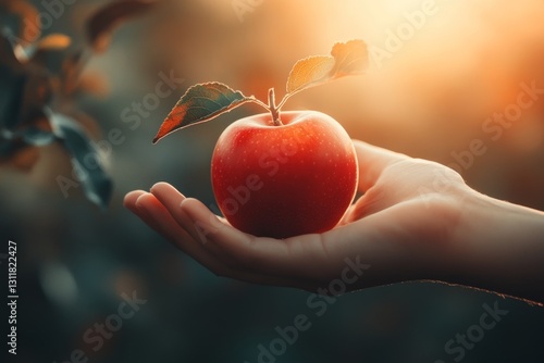 A close-up of a hand plucking a ripe red apple from a branch, with sunlight filtering through the leaves photo