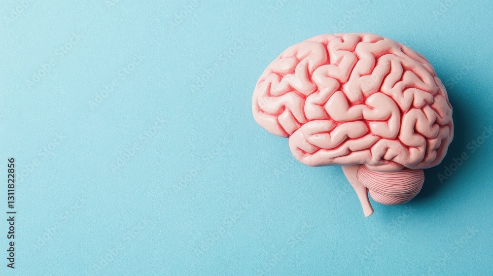 Realistic Model of Human Brain on Light Blue Background Representing Cognitive Science, Neuroscience, Psychology, Medical Research and Brain Function Realistic Model of Human Brain on Light Blue Background Representing Cognitive Science, Neuroscience, Psychology, Medical Research and Brain Function