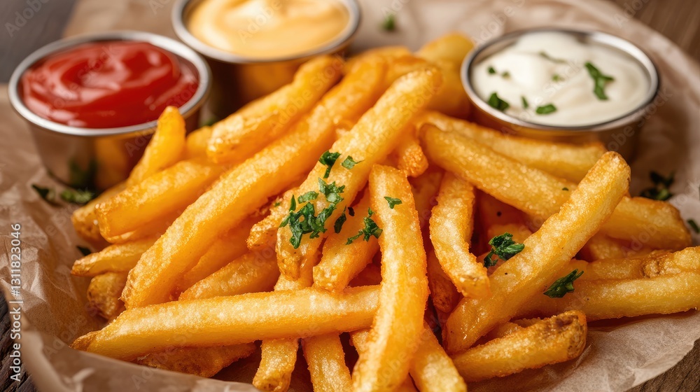 A serving of crispy golden French fries with a side of ketchup and mayonnaise in small dipping cups. A serving of crispy golden French fries with a side of ketchup and mayonnaise in small dipping cups.