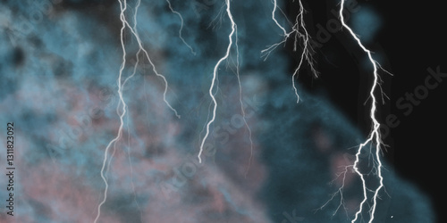 Fork lightning striking down during summer storm. Lightning, thunder cloud dark cloudy sky.