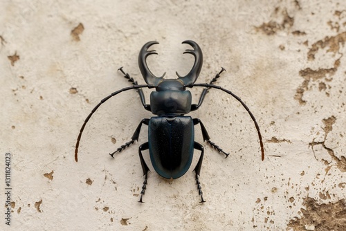 Wallpaper Mural Close-up of a black beetle showcasing impressive antlers and delicate legs. Torontodigital.ca