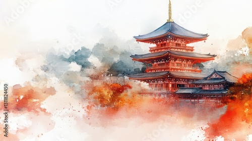 Vibrant watercolor Japanese pagoda with detailed red and gold accents, white background