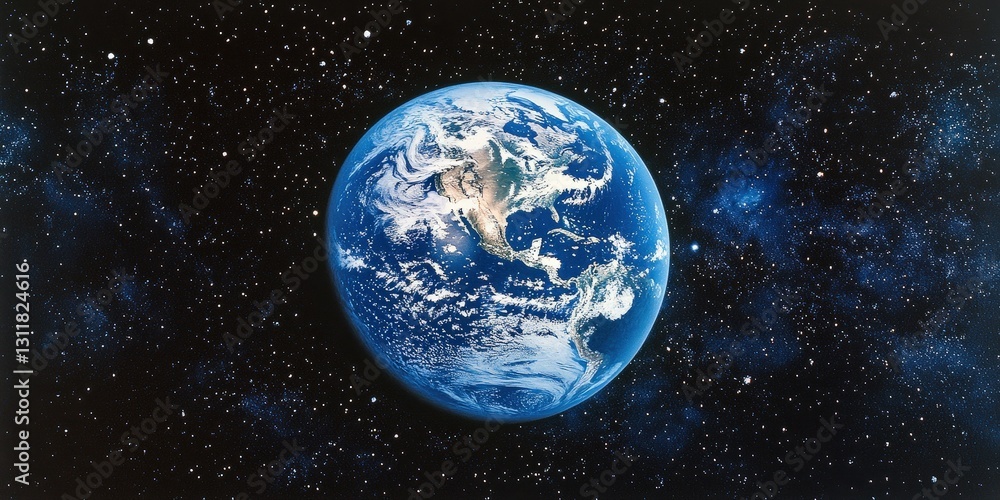 Naklejka premium A breathtaking close-up of Earth from space reveals its vibrant blue oceans and white clouds, cradled in an infinite sea of twinkling stars against the cosmic blackness