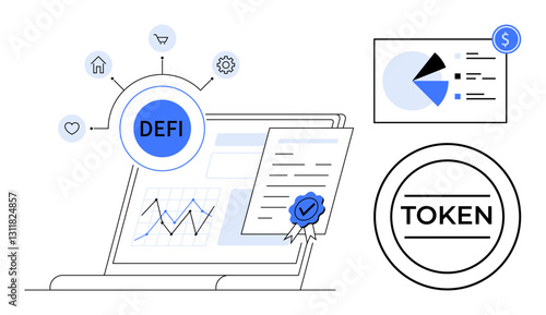 Laptop interface highlights DeFi processes with charts, certified contract, token, finance hub icons. Ideal for blockchain, crypto trading, fintech, data analytics, decentralization secure