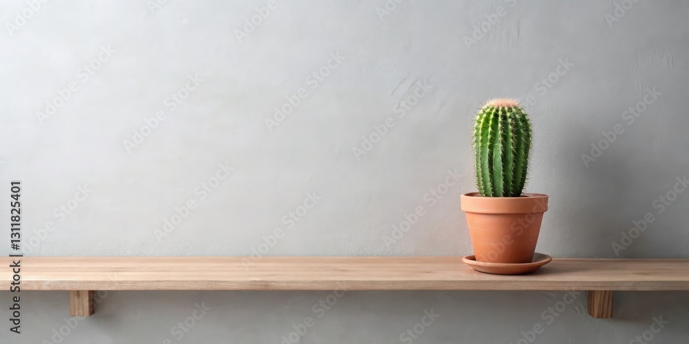 A potted cactus rests on a simple wooden shelf against a neutral textured wall A potted cactus rests on a simple wooden shelf against a neutral textured wall