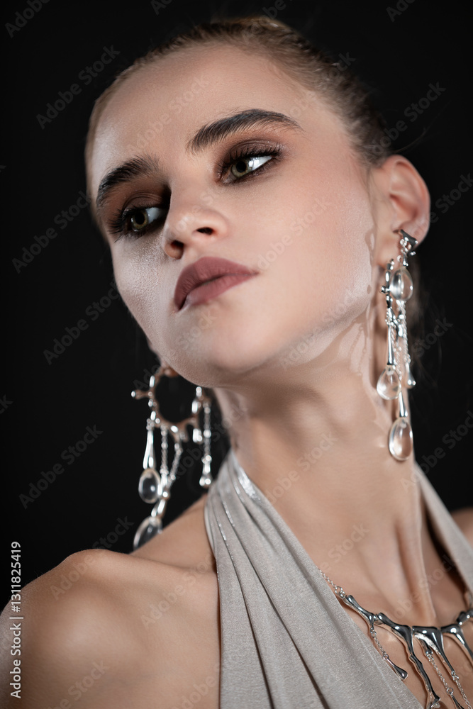 Beauty portrait of beautiful model in silver top and silver jewelry