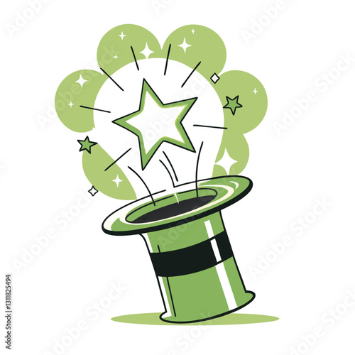 Vector stylized illustration of a green magician’s top hat with a magical star emerging. Modern, whimsical, and enchanting design.