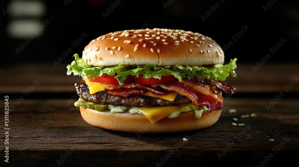 Tasty Double Burger with Fresh Vegetables and Crisp Tasty Double Burger with Fresh Vegetables and Crisp