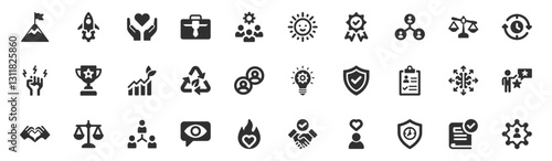 Core value, leadership icon set. Vector glyph pictograms of business vision, ethics, motivation concept, trust, teamwork, growth, innovation, integrity black silhouette illustration.