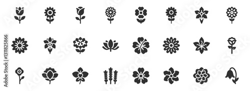 Flower, botanical icon set. Vector glyph pictograms of rose, tulip, daisy, lotus, sunflower garden, lily, hibiscus, cherry blossom, carnation peony black silhouette illustration.
