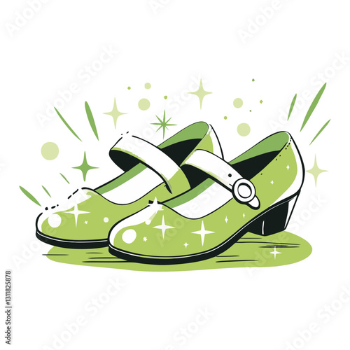 Vector stylized illustration of elegant green Mary Jane shoes with a sparkling, vintage-inspired design. Modern, chic, and fashionable.