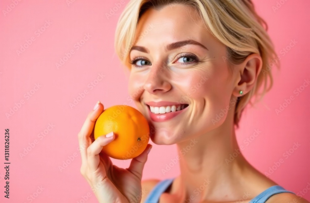 A smiling woman holds a fresh orange near her cheek radiating joy. The background features a bright pink color that enhances the cheerful vibe of the moment. A smiling woman holds a fresh orange near her cheek radiating joy. The background features a bright pink color that enhances the cheerful vibe of the moment.