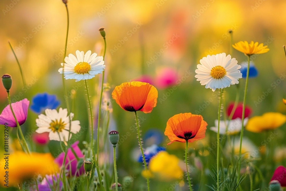 Naklejka premium field of poppies and daisy flowers