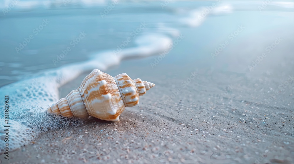 Seashell symphony, A spiraling conch rests upon the shore near tranquil waves Seashell symphony, A spiraling conch rests upon the shore near tranquil waves