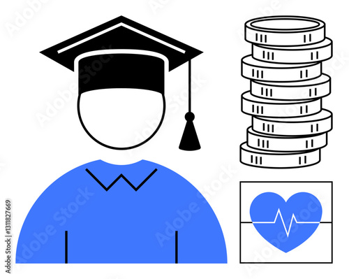 Faceless graduate figure in cap, coin stacks symbolizing finance, and heart with heartbeat for healthcare. Ideal for education, finance, wellness, personal growth, career planning, benefits