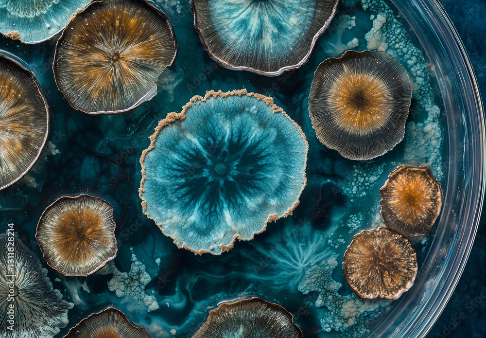 A petri dish from above showing plenty colonies of different mold species A petri dish from above showing plenty colonies of different mold species
