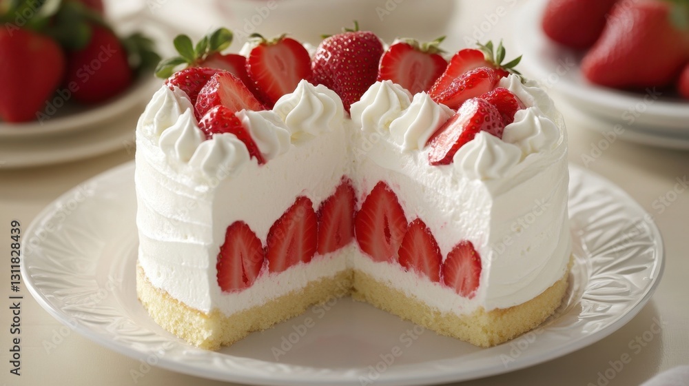 Mouthwatering strawberry cake with whipped cream and fresh strawberries, featuring a soft light sponge base, perfect for dessert lovers and special occasions Mouthwatering strawberry cake with whipped cream and fresh strawberries, featuring a soft light sponge base, perfect for dessert lovers and special occasions