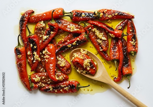 Bruschetta Spicy Grilled Pepper with Garlic in Oil with Wooden Spoon on White Background Top View