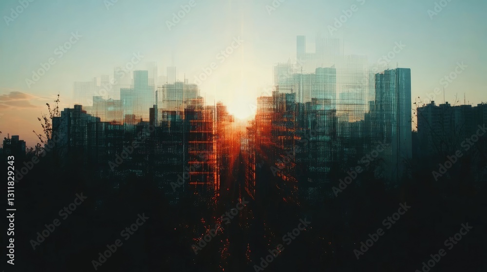 Fototapeta premium Cityscape sunrise with ethereal double exposure effect creating dreamy visuals