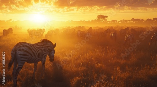 Golden sunrise illuminates a herd of zebras grazing in the African savanna