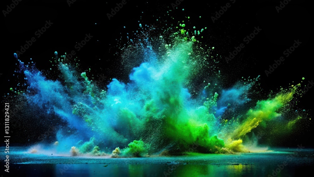 Vibrant teal and lime green powder explosion against a stark black background, creating a dynamic and energetic visual spectacle with a reflective surface mirroring the colorful chaos. Vibrant teal and lime green powder explosion against a stark black background, creating a dynamic and energetic visual spectacle with a reflective surface mirroring the colorful chaos.