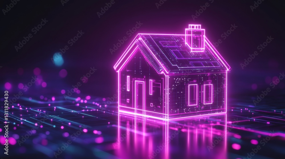 Floating Neon Home Icon in 3D with Glossy Purple Effects Floating Neon Home Icon in 3D with Glossy Purple Effects