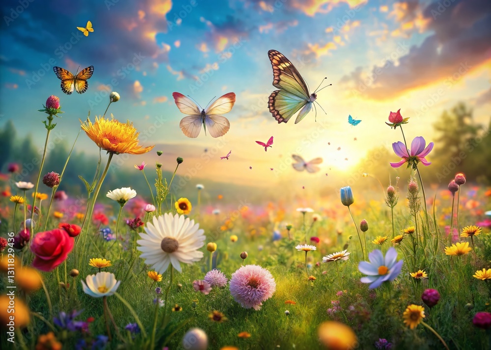 Whimsical Meadow: Floating Flowers & Butterflies - Fantasy Nature Stock Photo