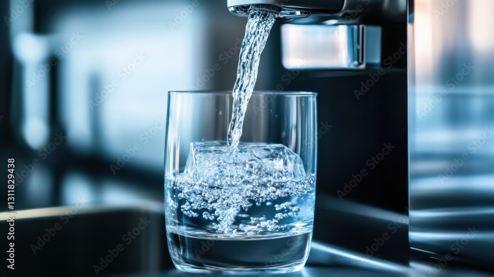 Fresh Clear Water Pouring Over Ice Cubes Into a Glass from a Modern Dispenser in a Bright Contemporary Kitchen Setting Fresh Clear Water Pouring Over Ice Cubes Into a Glass from a Modern Dispenser in a Bright Contemporary Kitchen Setting