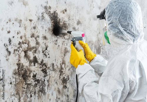 A worker doing a treatment of a wall contaminated with mold