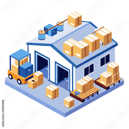 A warehouse displays neatly organized packages ready for shipment. A forklift is seen nearby, facilitating the smooth movement of goods for efficient distribution