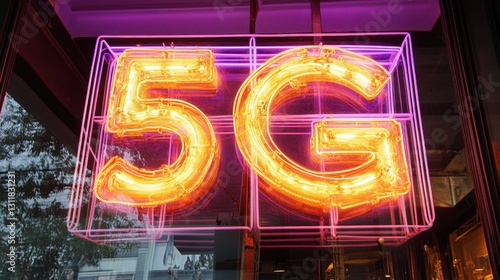 Neon 5G Sign Glowing in Vibrant Colors, Showcasing Modern Technology and Connectivity in Urban Setting