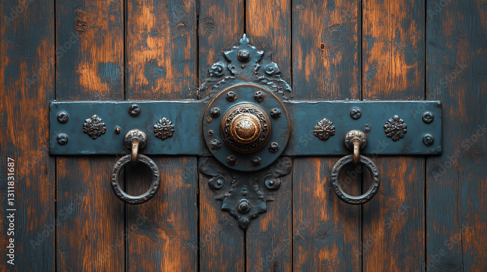 Close-up view of an ornate door handle on a weathered wooden door with intricate metalwork highlighting craftsmanship and detail Close-up view of an ornate door handle on a weathered wooden door with intricate metalwork highlighting craftsmanship and detail
