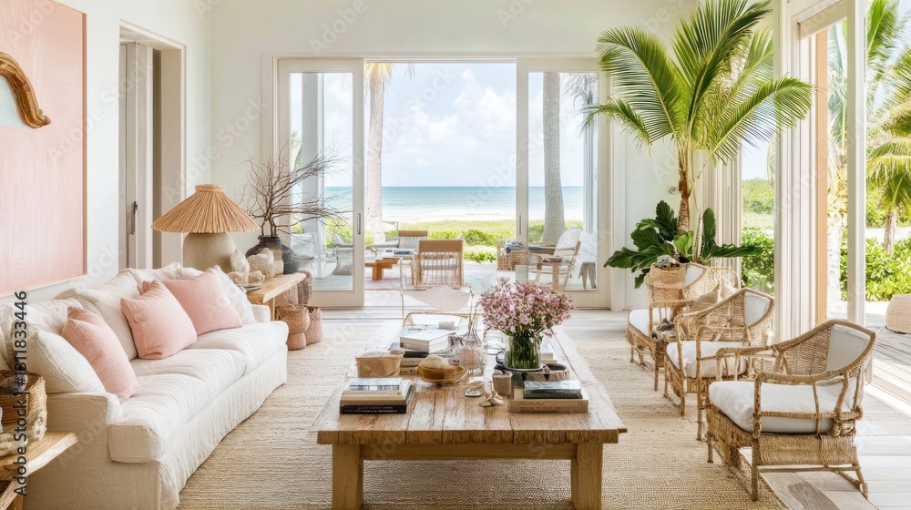 Fototapeta premium Living Room with Beach View and Rattan Furniture Interior Design