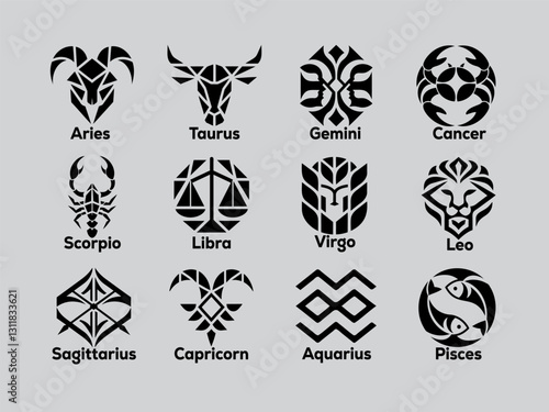 Zodiac Signs - Geometric Black and White Icons