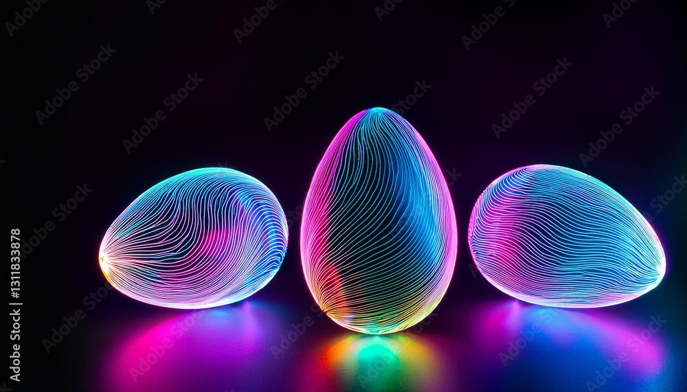 Fototapeta premium Neon Easter – Vibrant neon eggs on a black background, with dynamic lighting, creating a modern and bold Easter design.