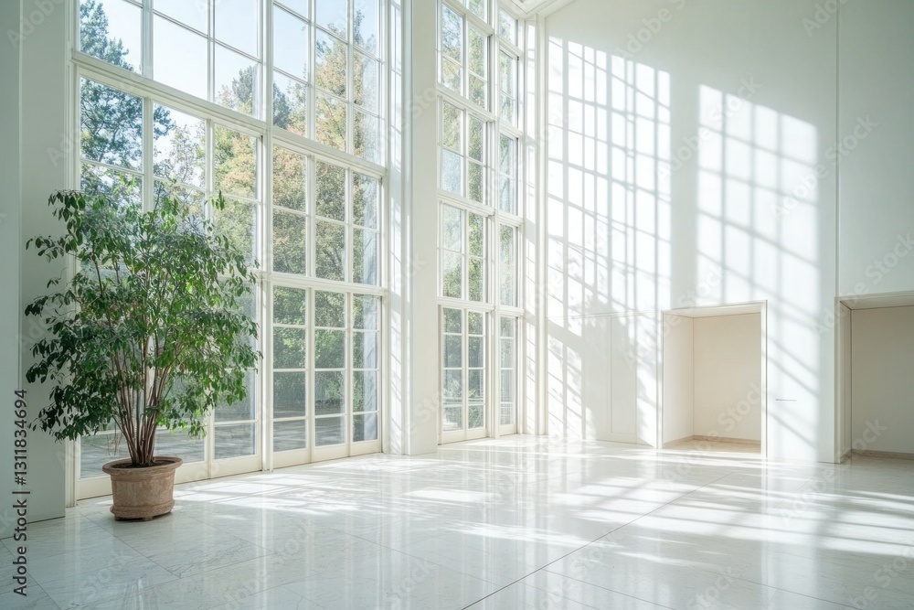 Fototapeta premium Sunlit interior with large windows, potted plant, and marble floor.