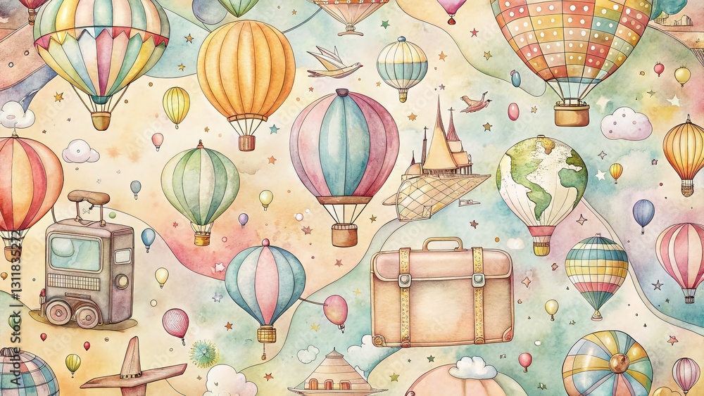 Fototapeta premium Whimsical Travel Illustration Pattern: Bokeh Background, Hand-Drawn Adventure Design