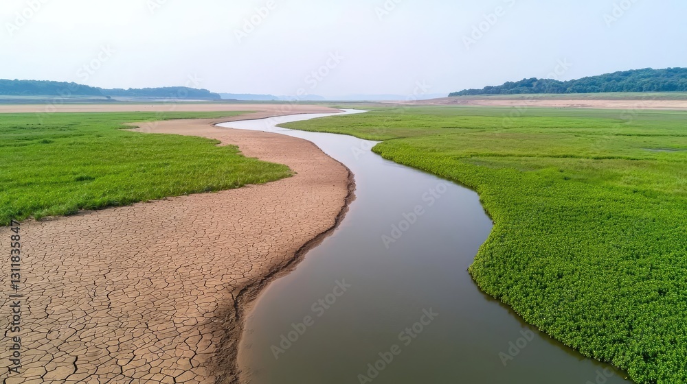 Climate Change drought idea. Aerial view of a dry riverbed winding through green landscapes and cracked earth. Climate Change drought idea. Aerial view of a dry riverbed winding through green landscapes and cracked earth.