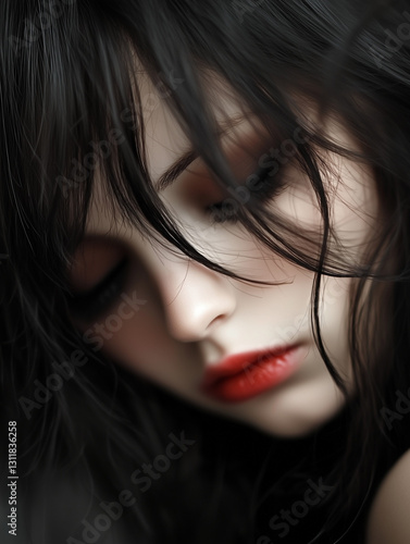 Sad woman with red lipstick and closed eyes contemplating