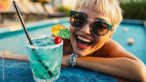 Lounging by the pool on a sunny summer afternoon. Her posture is relaxed and ...
