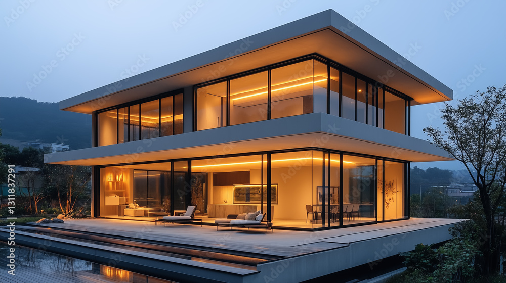 Fototapeta premium Modern glass house illuminated at dusk with surrounding greenery creating a serene atmosphere in a tranquil setting